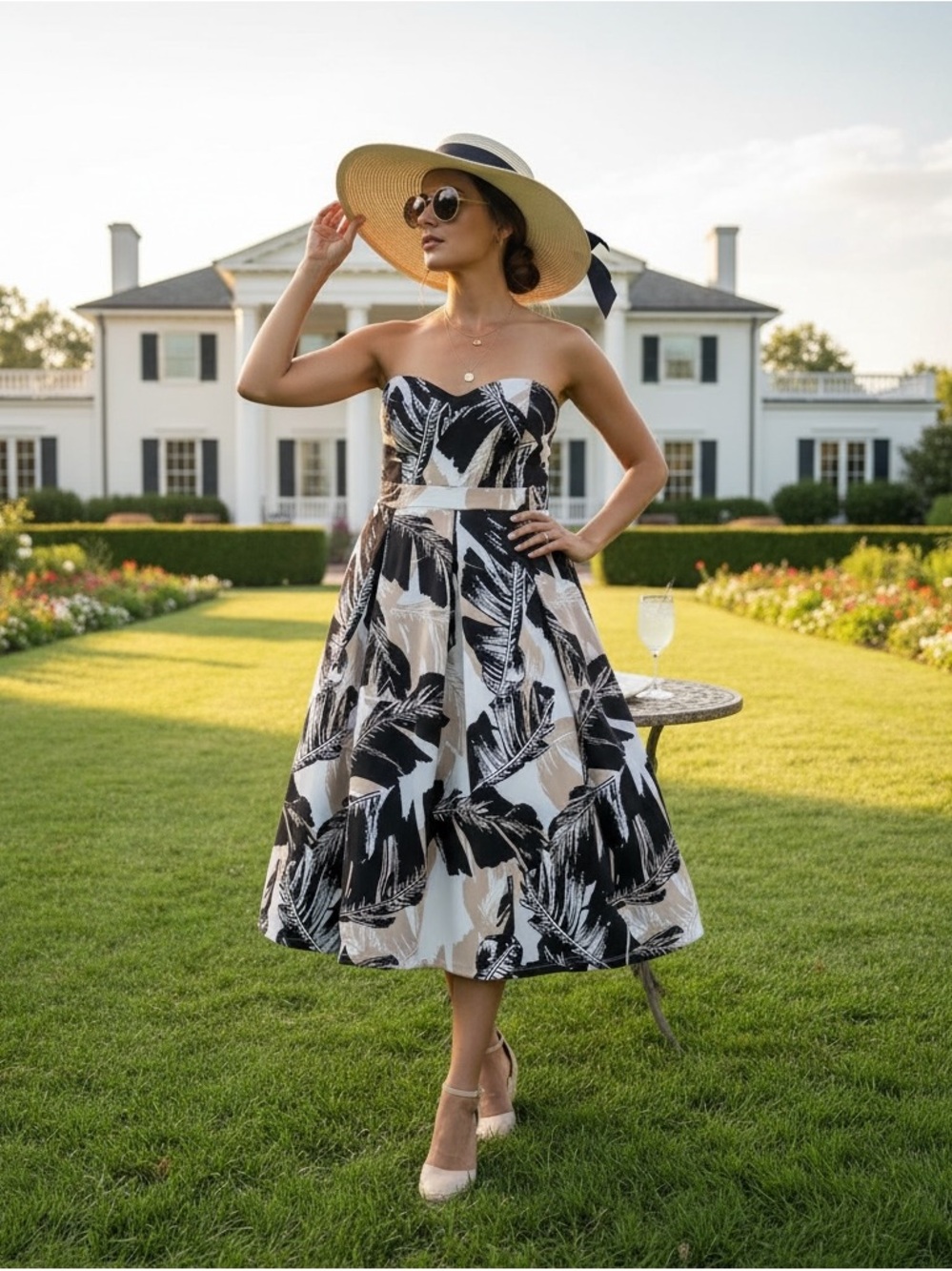 Revamped Strapless Floral Print Party Dress in Black and Beige NWT